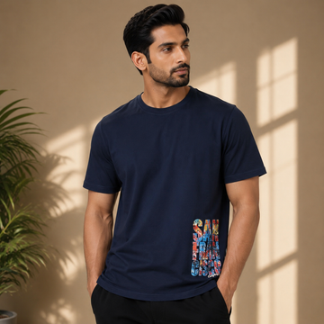 Navy Blue Seaside Graphic T-Shirt – Dual-Sided Abstract Art Tee