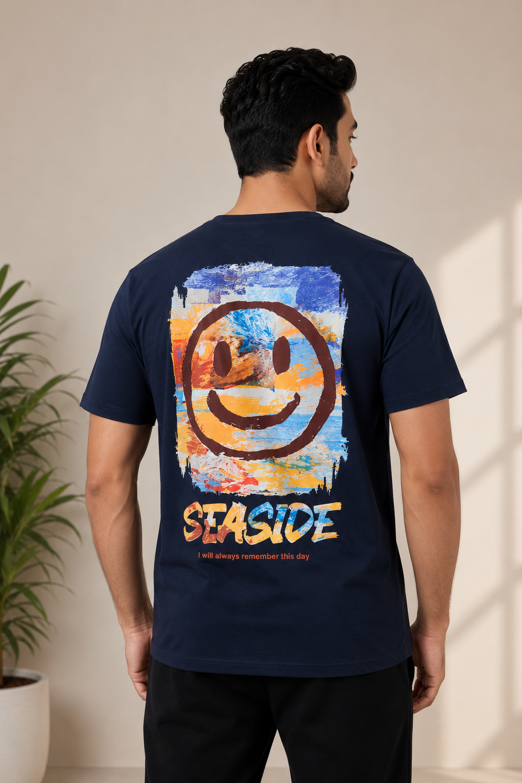 Navy Blue Seaside Graphic T-Shirt – Dual-Sided Abstract Art Tee