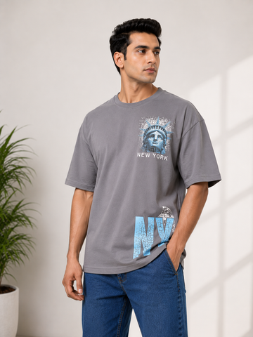 Men's Premium Cotton Khaki Brown T-Shirt – Bold Sky Blue "New York" Graphic