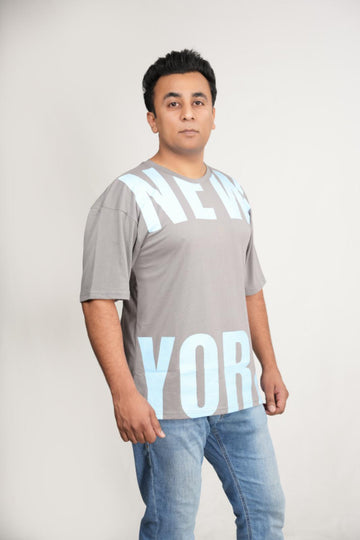 Men's Premium Cotton Khaki Brown T-Shirt – Bold Sky Blue "New York" Graphic