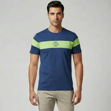 Berlin Trend Navy Blue "Find Your Path" Colourblock T-Shirt – Lime Green Stripe