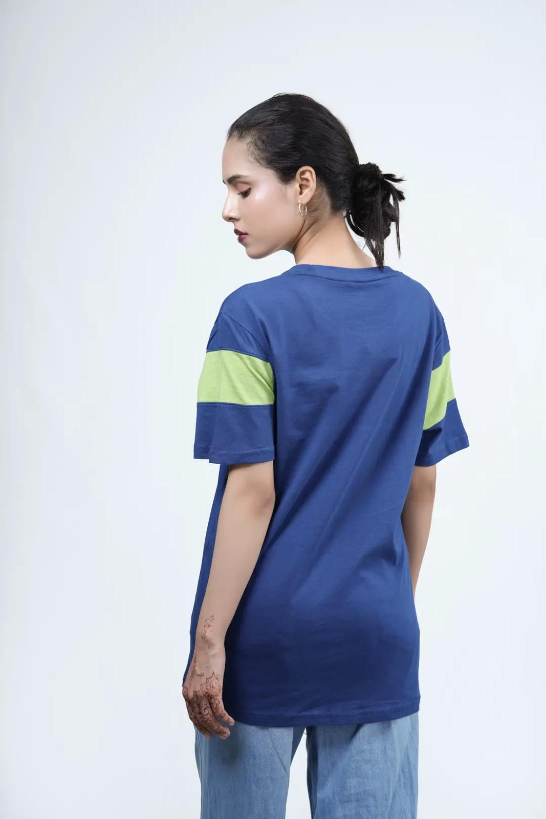 Berlin Trend Navy Blue "Find Your Path" Colourblock T-Shirt – Lime Green Stripe