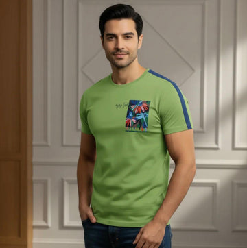 Men's Lime Green Floral Graphic T-Shirt – Navy Blue Stripe Detail