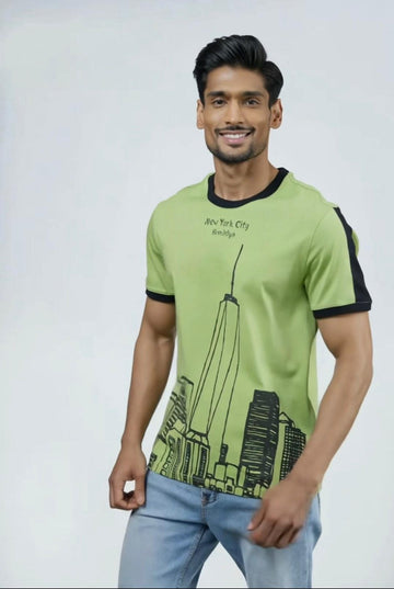Berlin Trend Lime Green "New York City Brooklyn" Graphic T-Shirt – Black Contrast Panel