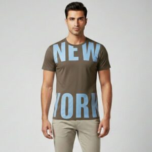 Men’s Premium 95% Cotton Khaki Brown T-Shirt with Bold Sky Blue New York Graphic