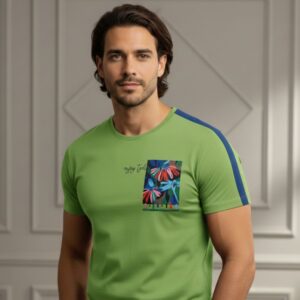 men’s premium bright lime green t shirt with floral chest patch & blue shoulder stripe