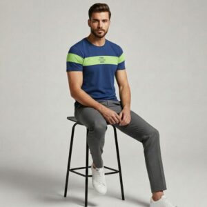 men’s premium cotton navy blue t shirt with neon green chest stripe