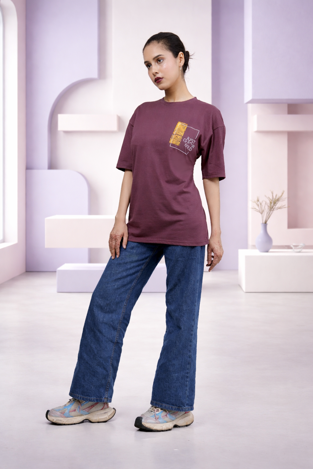 premium burgundy "just grow wild" graphic t shirt – dual sided print for men & women