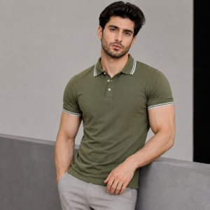 premium olive green pique polo shirt – athletic slim fit with contrast tipping