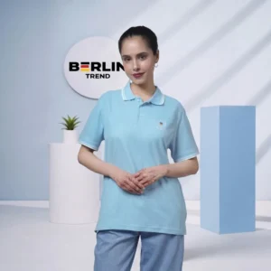 premium sky blue pique polo shirt – classic fit with tipped collar & embroidery